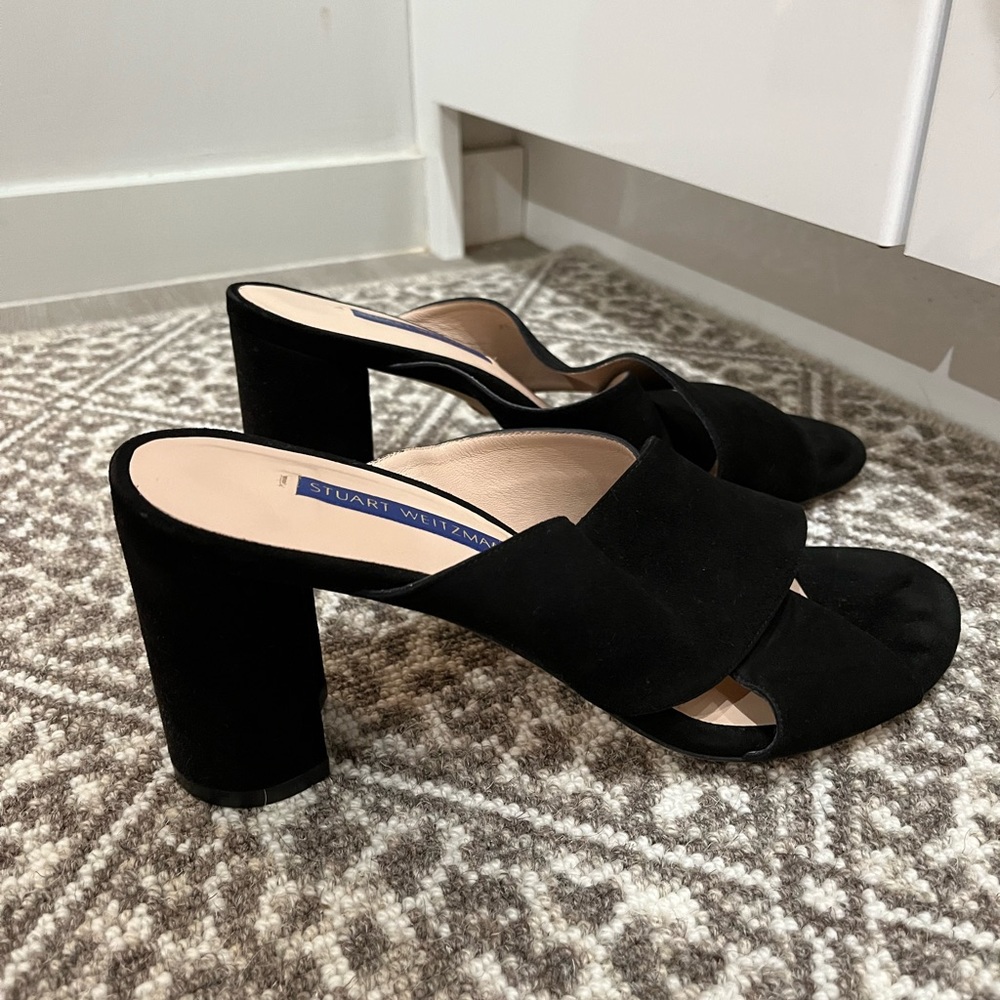 EUC Stuart Weitzman Galene Black Suede Criss Cross Block Heel Mules size 8 - Picture 3 of 7